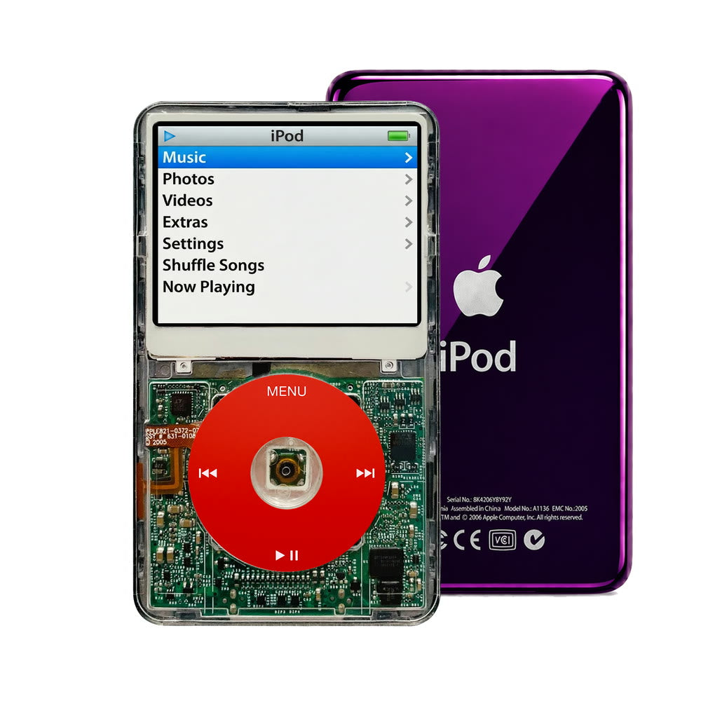 Clear refurbished iPod Video 5.5 Gen with Red click wheel and Purple back plate