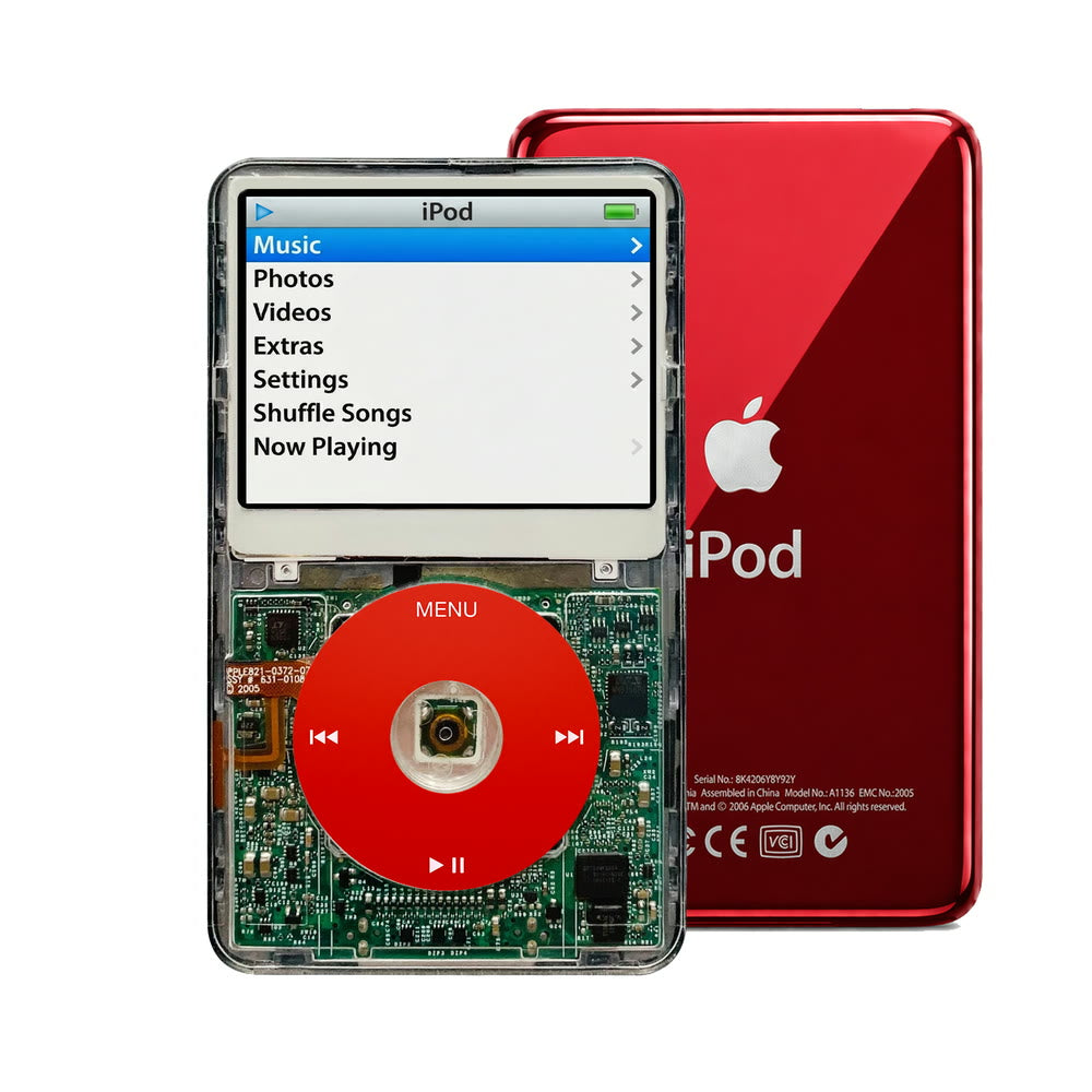 Clear refurbished iPod Video 5.5 Gen with Red click wheel and Red back plate