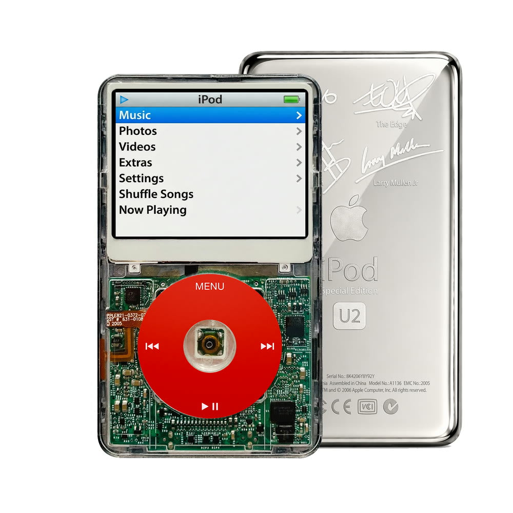 Clear refurbished iPod Video 5.5 Gen with Red click wheel and Silver U2 back plate