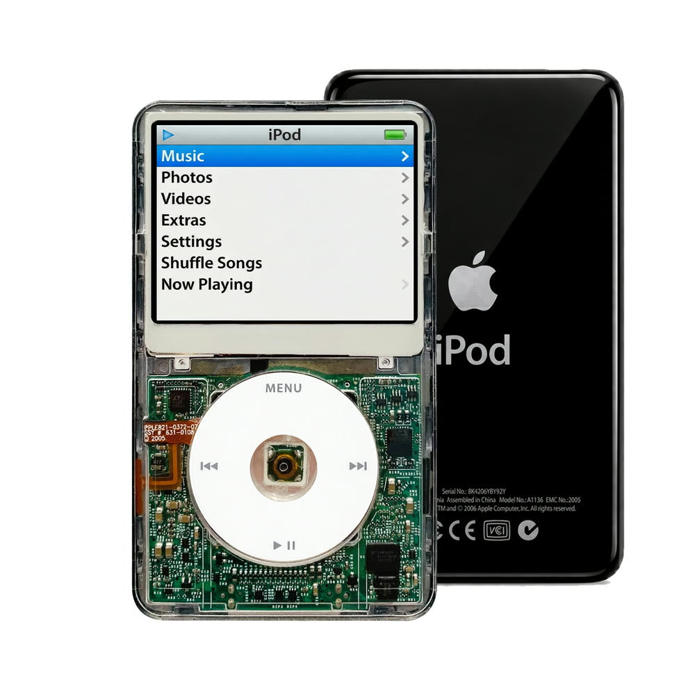 Clear refurbished iPod Video 5.5 Gen with White click wheel and Black back plate