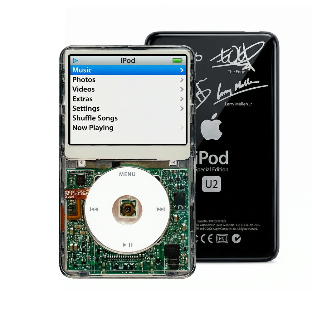 Clear refurbished iPod Video 5.5 Gen with White click wheel and Black U2 back plate