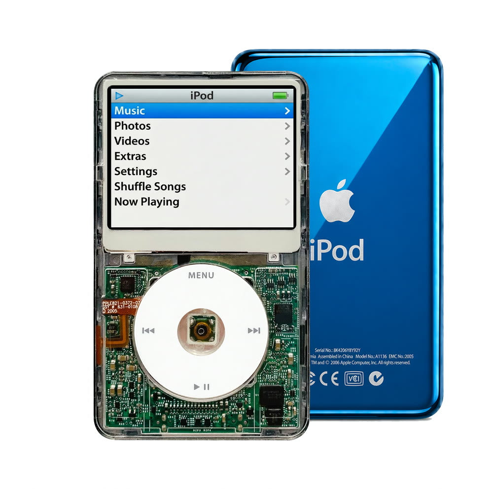 Clear refurbished iPod Video 5.5 Gen with White click wheel and Blue back plate