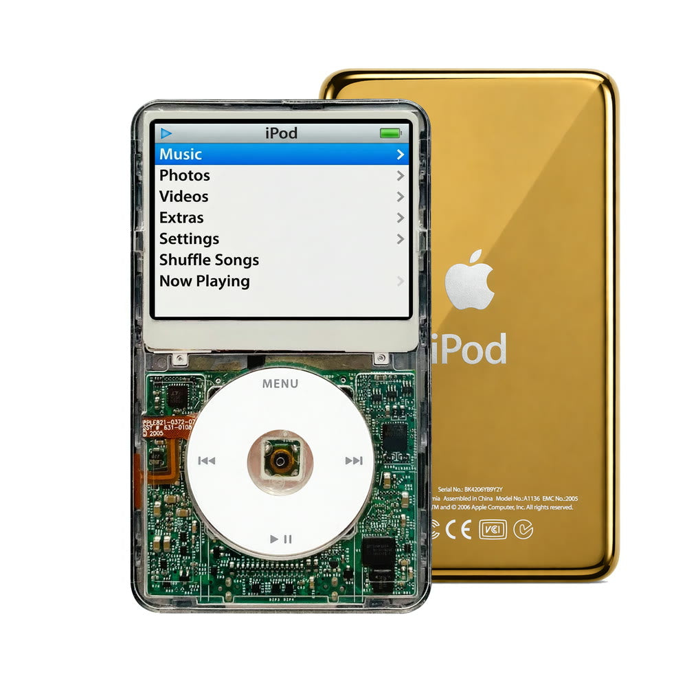 Clear refurbished iPod Video 5.5 Gen with White click wheel and Gold back plate