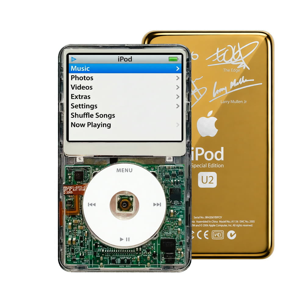 Clear refurbished iPod Video 5.5 Gen with White click wheel and Gold U2 back plate