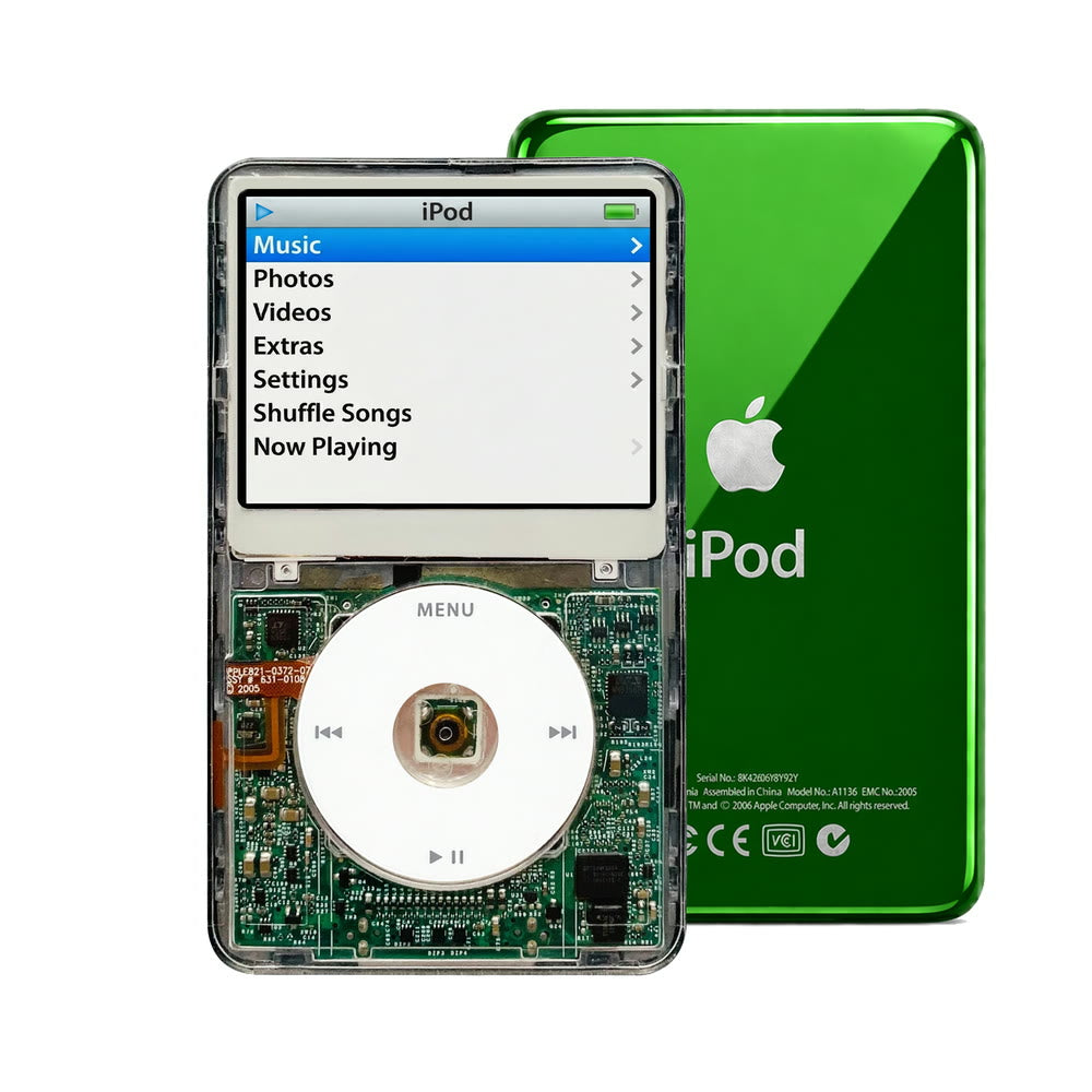 Clear refurbished iPod Video 5.5 Gen with White click wheel and Green back plate