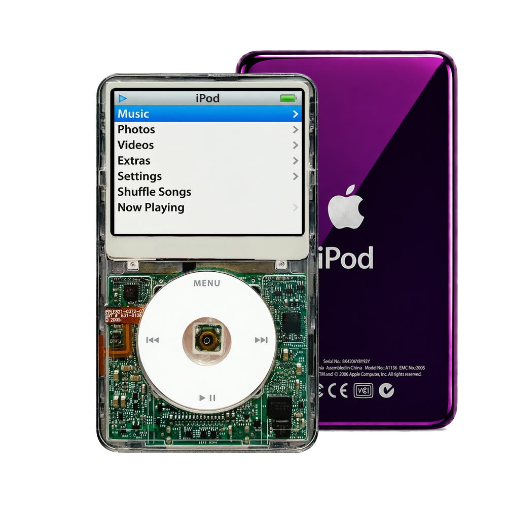 Clear refurbished iPod Video 5.5 Gen with White click wheel and Purple back plate