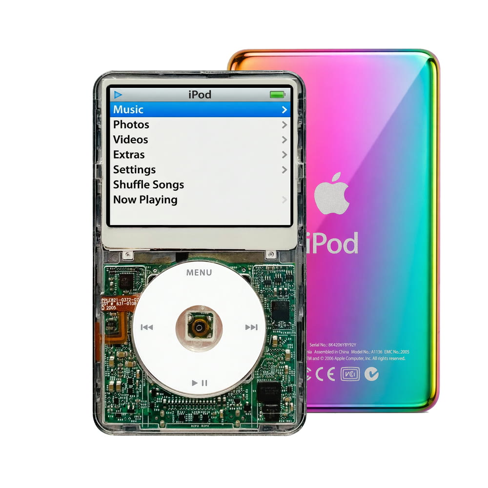 Clear refurbished iPod Video 5.5 Gen with White click wheel and Rainbow back plate