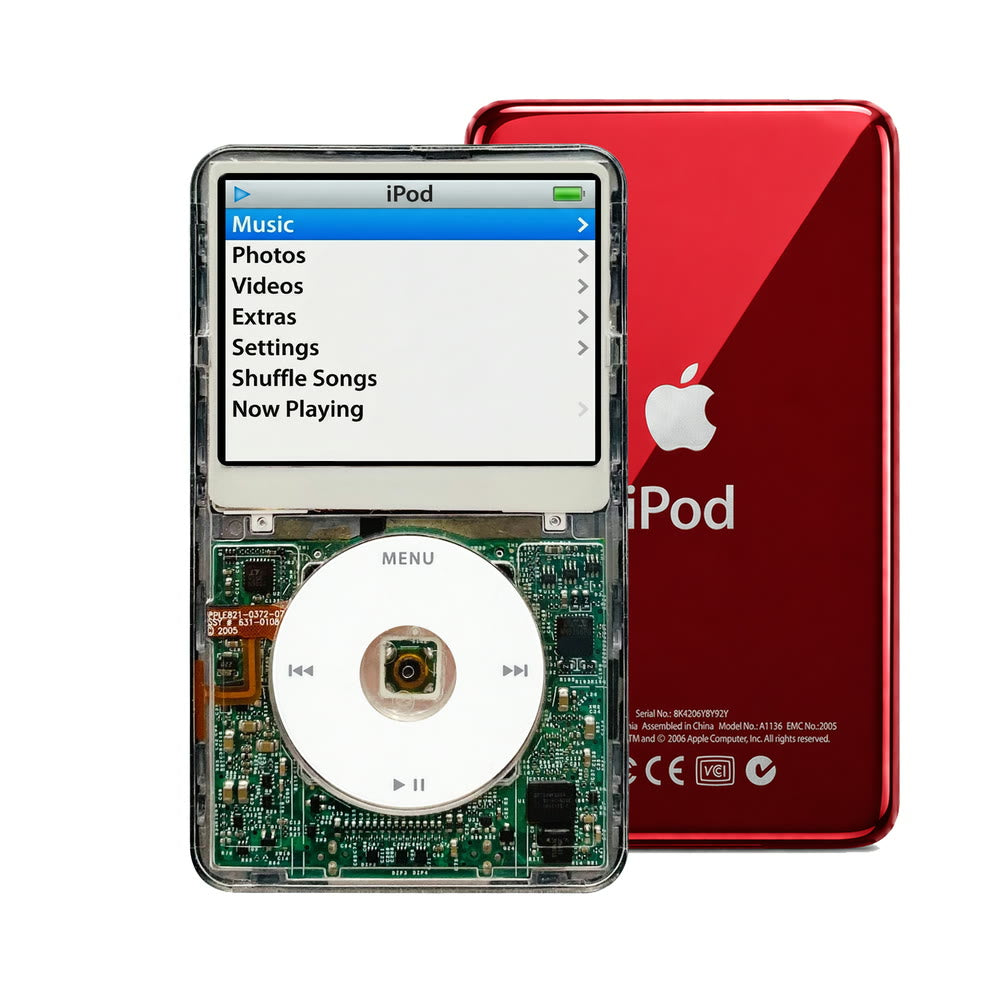 Clear refurbished iPod Video 5.5 Gen with White click wheel and Red back plate