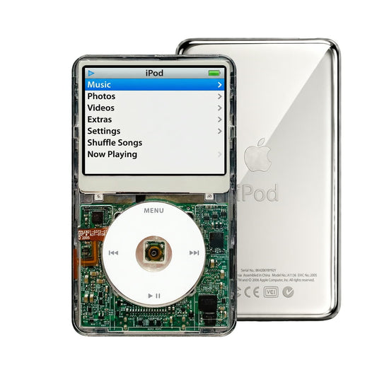 Clear refurbished iPod Video 5.5 Gen with White click wheel and Silver back plate