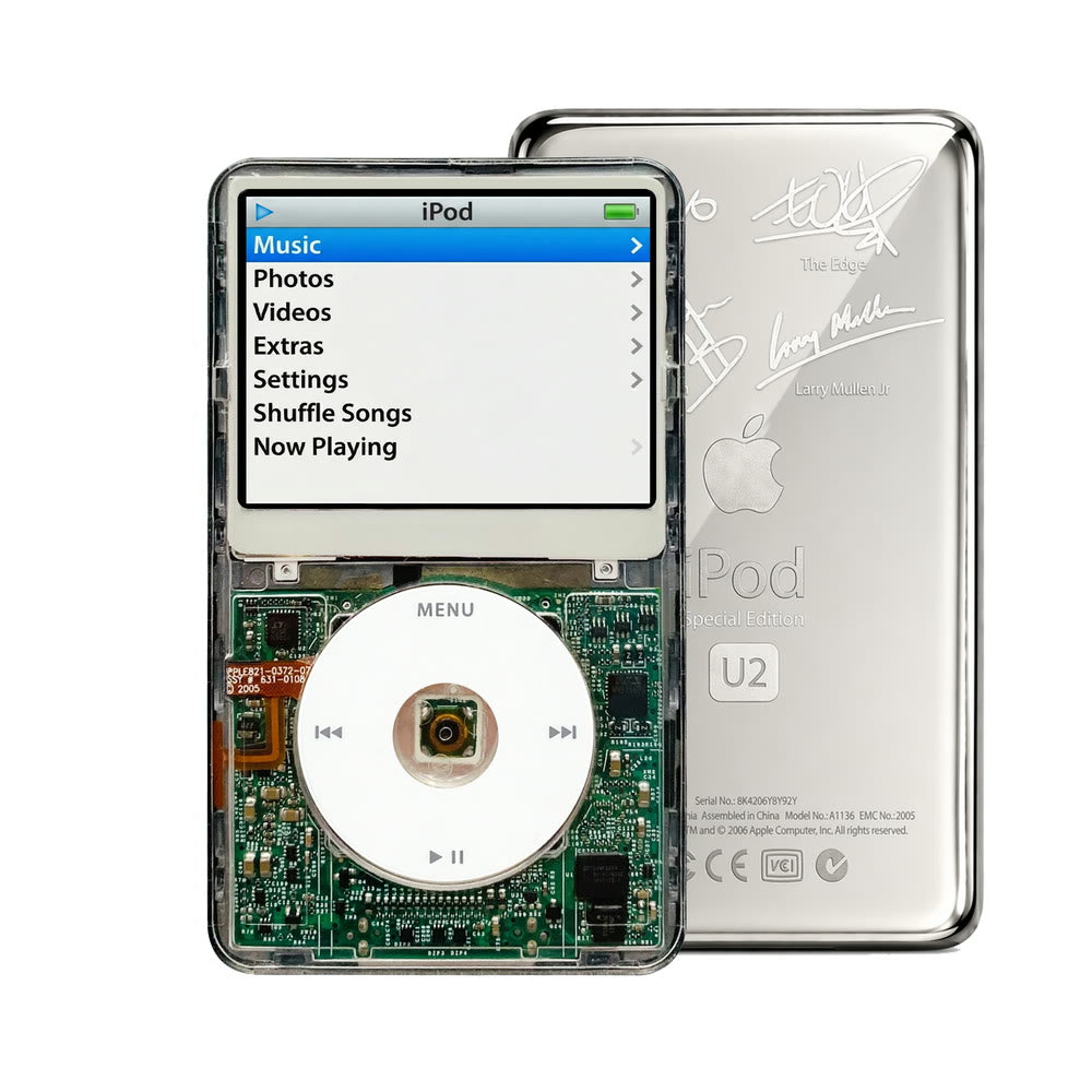 Clear refurbished iPod Video 5.5 Gen with White click wheel and Silver U2 back plate