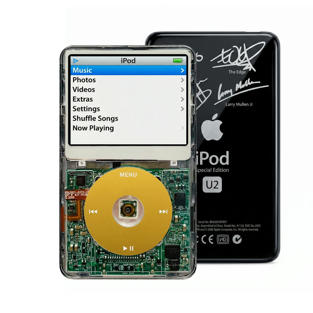 Clear refurbished iPod Video 5.5 Gen with Yellow click wheel and Black U2 back plate