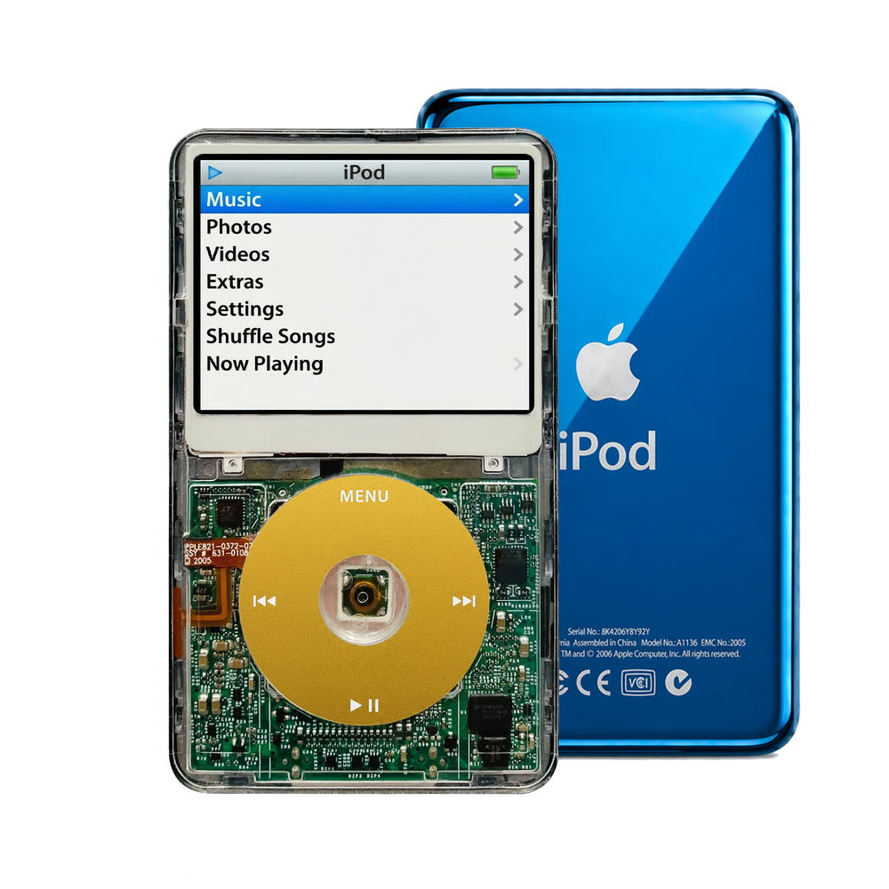 Clear refurbished iPod Video 5.5 Gen with Yellow click wheel and Blue back plate