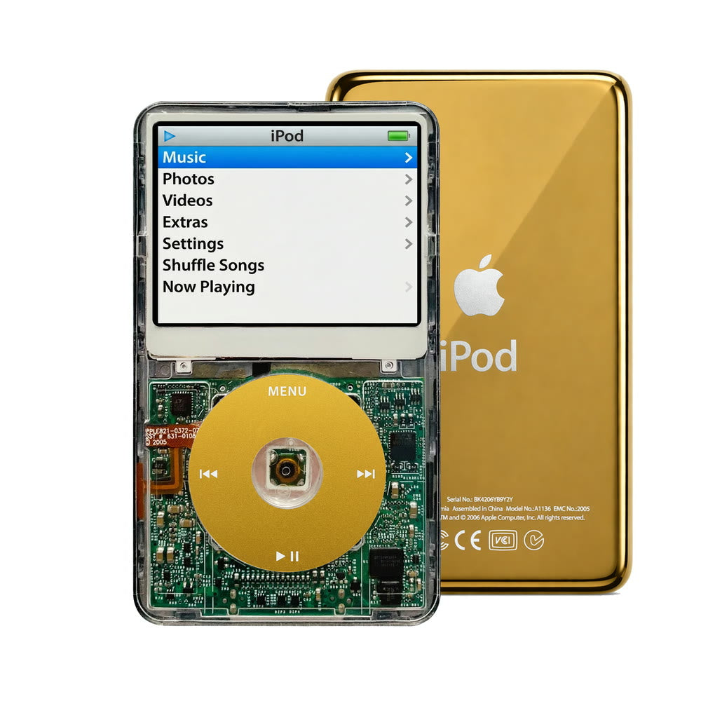 Clear refurbished iPod Video 5.5 Gen with Yellow click wheel and Gold back plate
