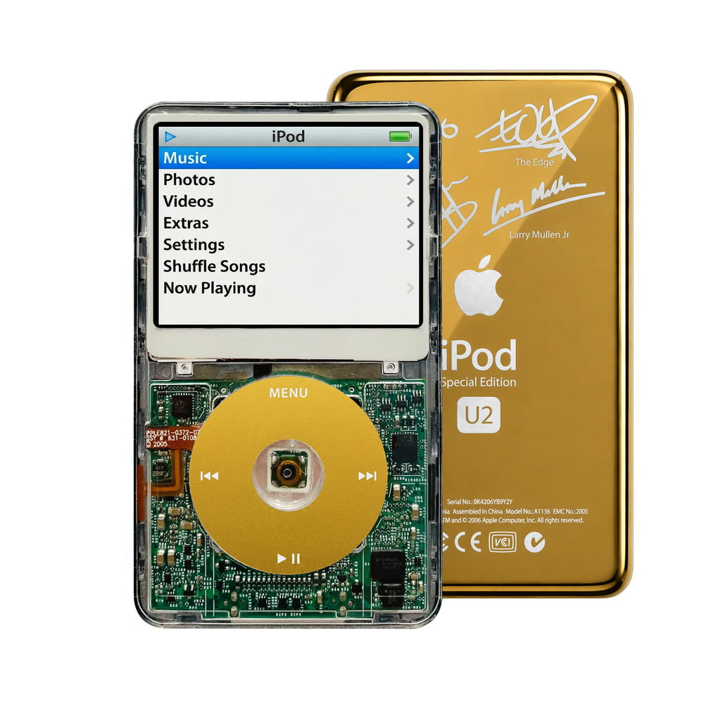 Clear refurbished iPod Video 5.5 Gen with Yellow click wheel and Gold U2 back plate