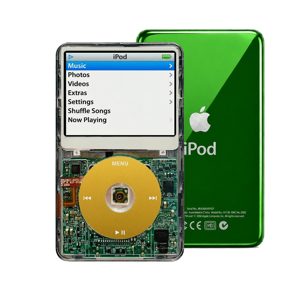 Clear refurbished iPod Video 5.5 Gen with Yellow click wheel and Green back plate