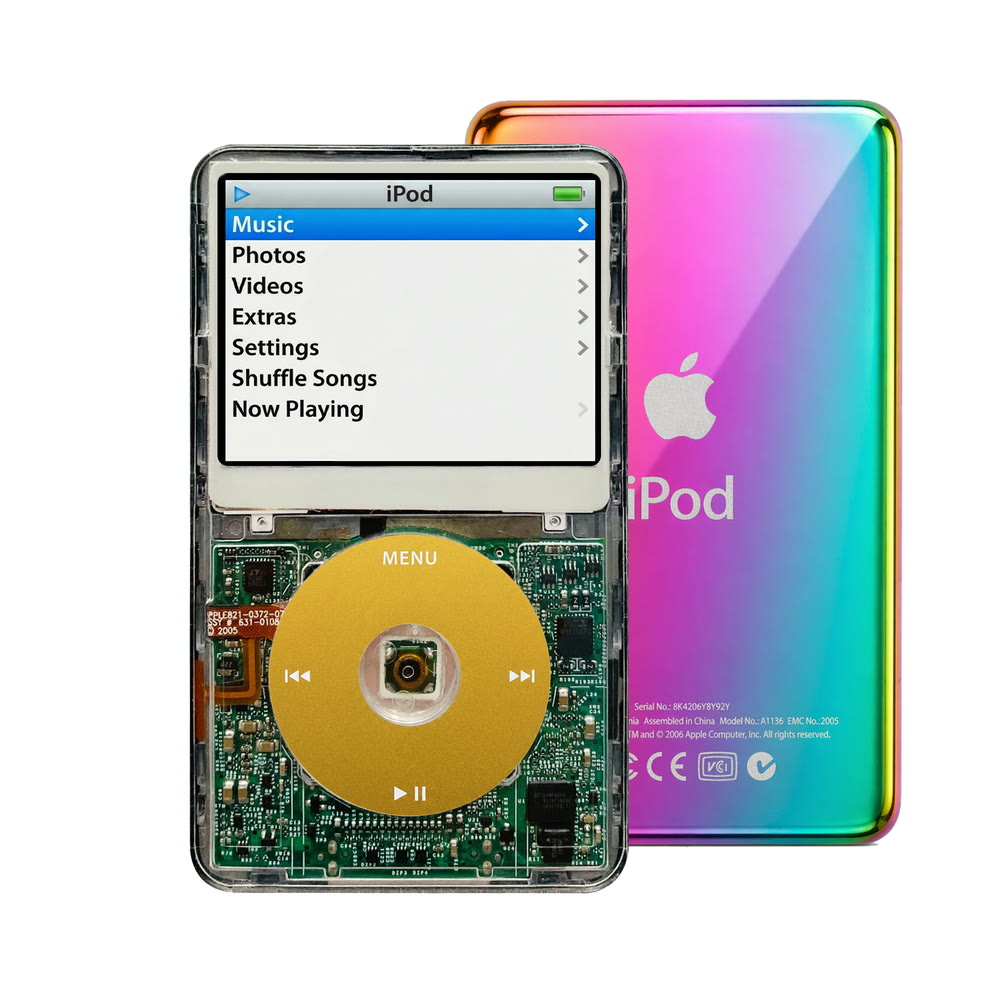 Clear refurbished iPod Video 5.5 Gen with Yellow click wheel and Rainbow back plate