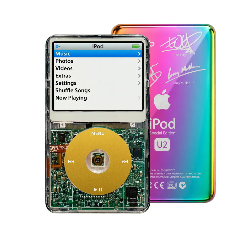 Clear refurbished iPod Video 5.5 Gen with Yellow click wheel and Rainbow U2 back plate