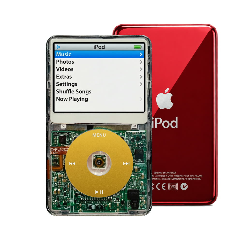 Clear refurbished iPod Video 5.5 Gen with Yellow click wheel and Red back plate