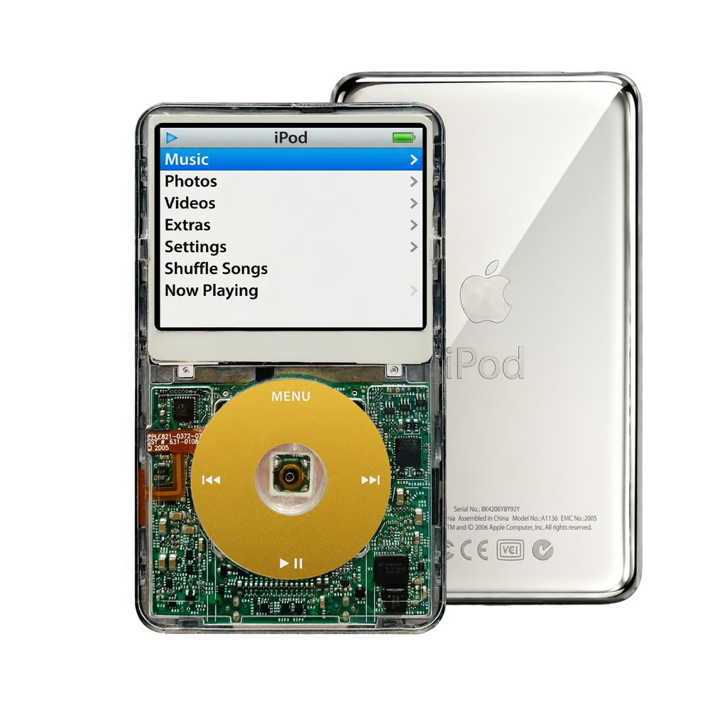 Clear refurbished iPod Video 5.5 Gen with Yellow click wheel and Silver back plate
