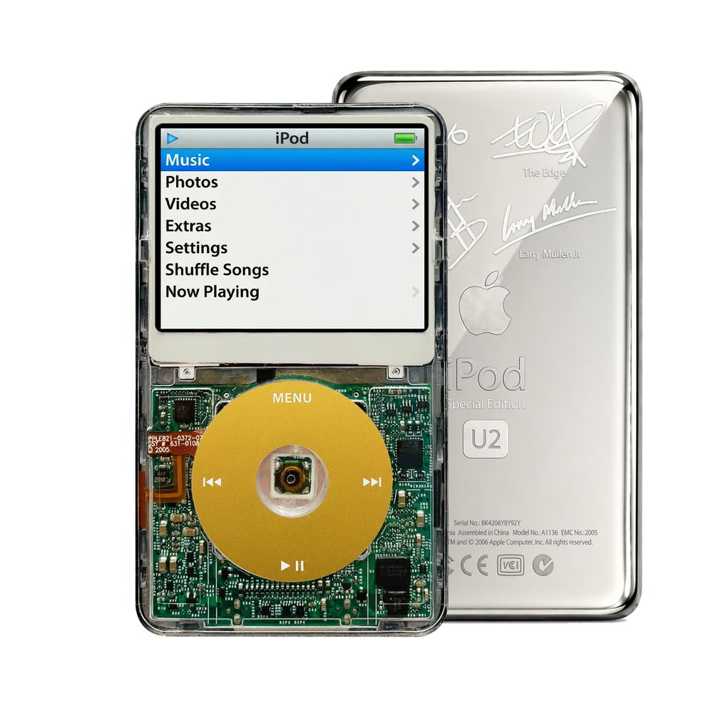 Clear refurbished iPod Video 5.5 Gen with Yellow click wheel and Silver U2 back plate