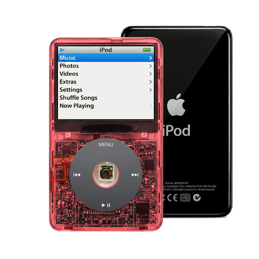 Clear Red refurbished iPod Video 5.5 Gen with Black click wheel and Black back plate