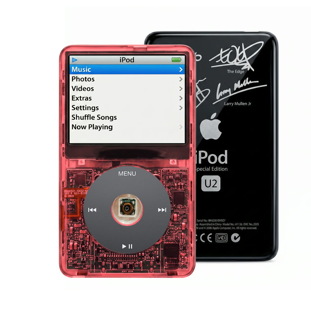 Clear Red refurbished iPod Video 5.5 Gen with Black click wheel and Black U2 back plate