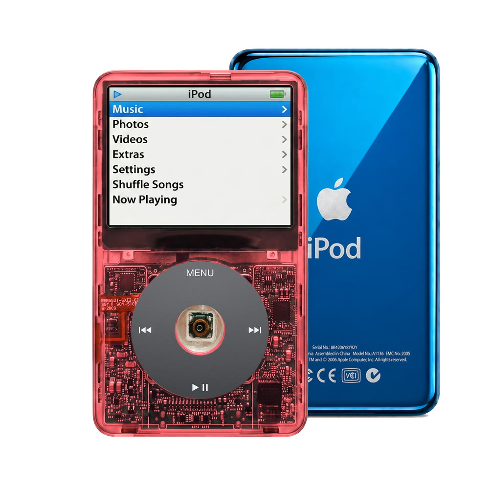 Clear Red refurbished iPod Video 5.5 Gen with Black click wheel and Blue back plate