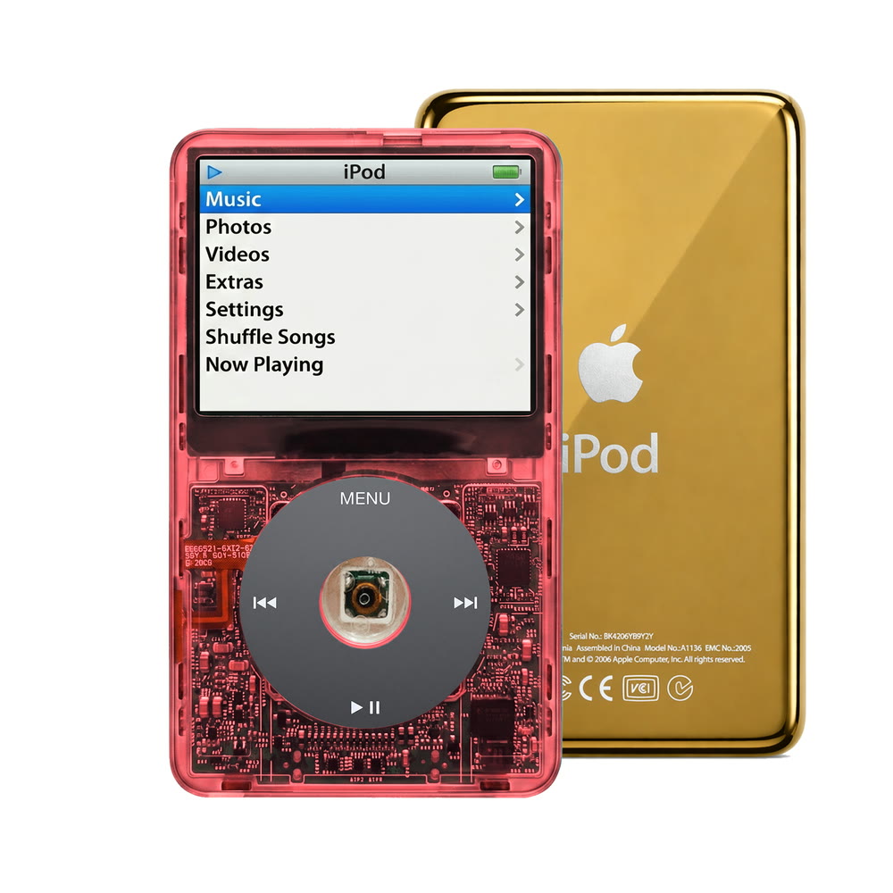 Clear Red refurbished iPod Video 5.5 Gen with Black click wheel and Gold back plate