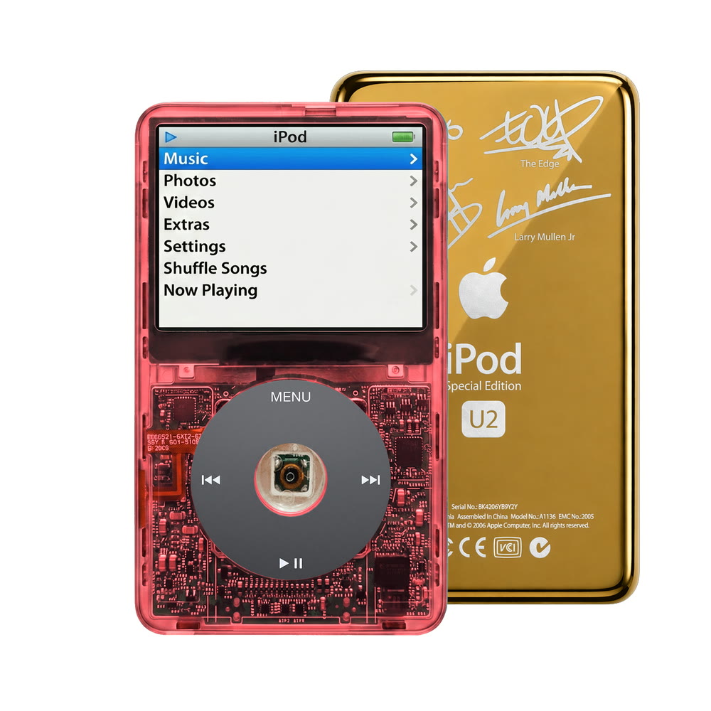 Clear Red refurbished iPod Video 5.5 Gen with Black click wheel and Gold U2 back plate