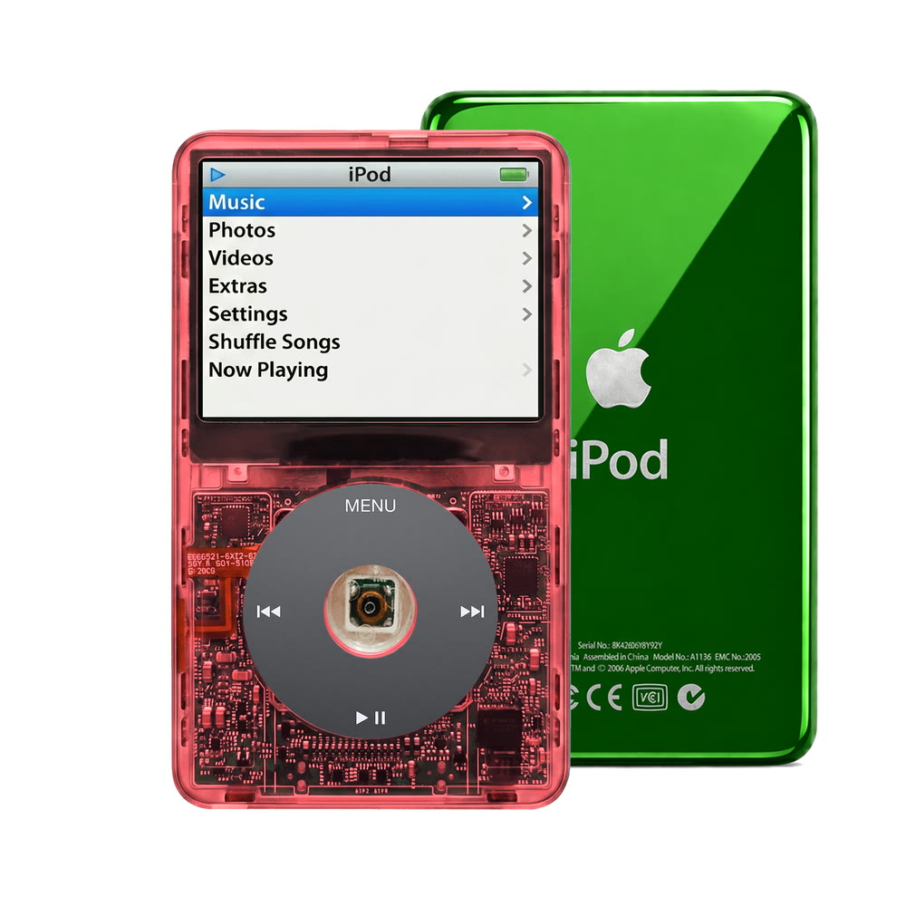 Clear Red refurbished iPod Video 5.5 Gen with Black click wheel and Green back plate