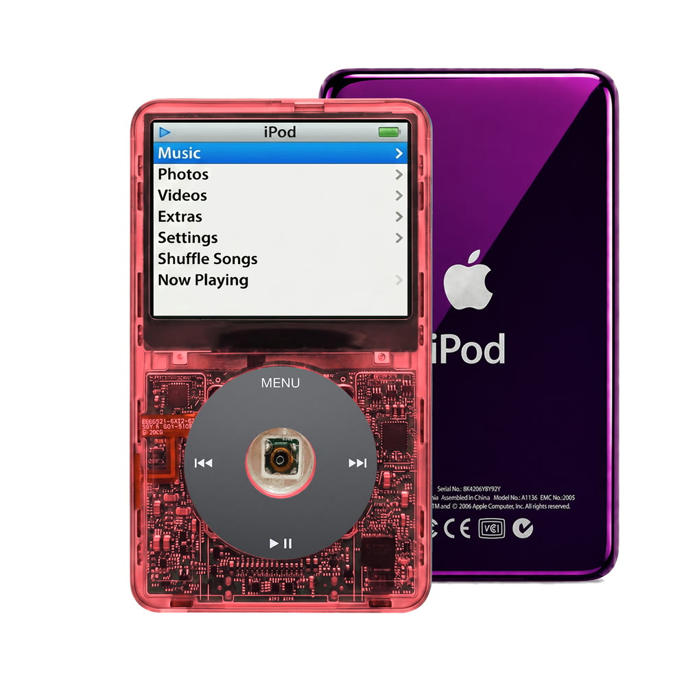 Clear Red refurbished iPod Video 5.5 Gen with Black click wheel and Purple back plate