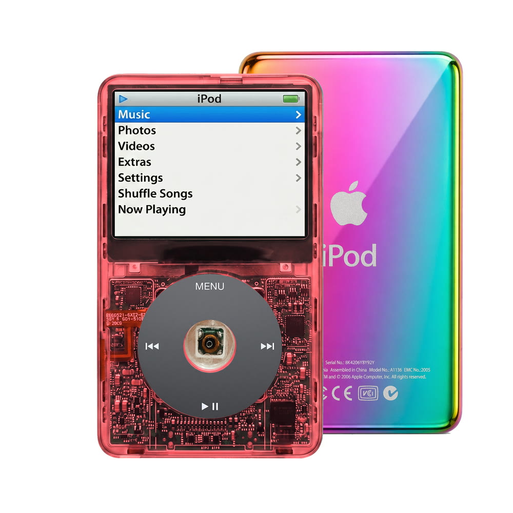 Clear Red refurbished iPod Video 5.5 Gen with Black click wheel and Rainbow back plate
