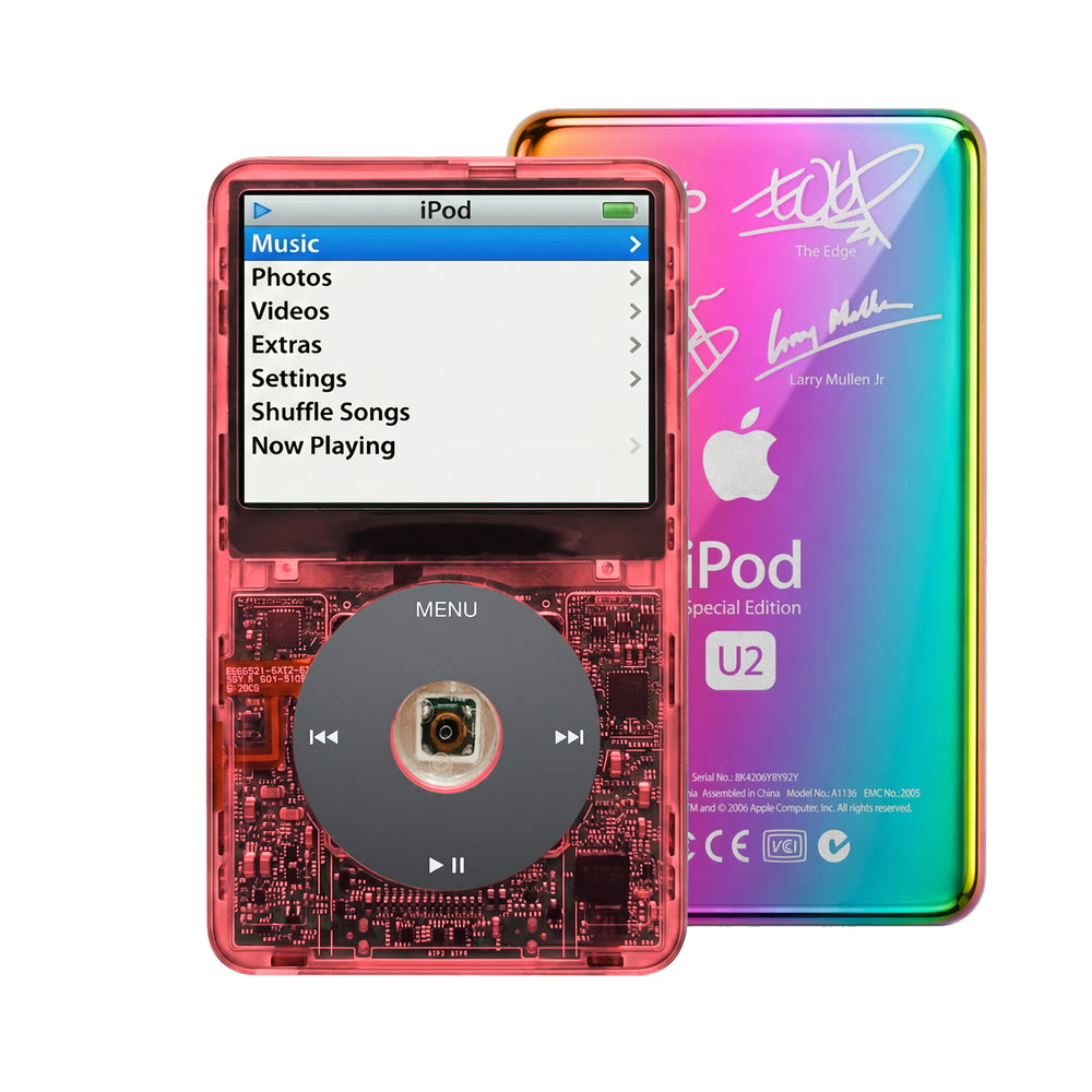 Clear Red refurbished iPod Video 5.5 Gen with Black click wheel and Rainbow U2 back plate