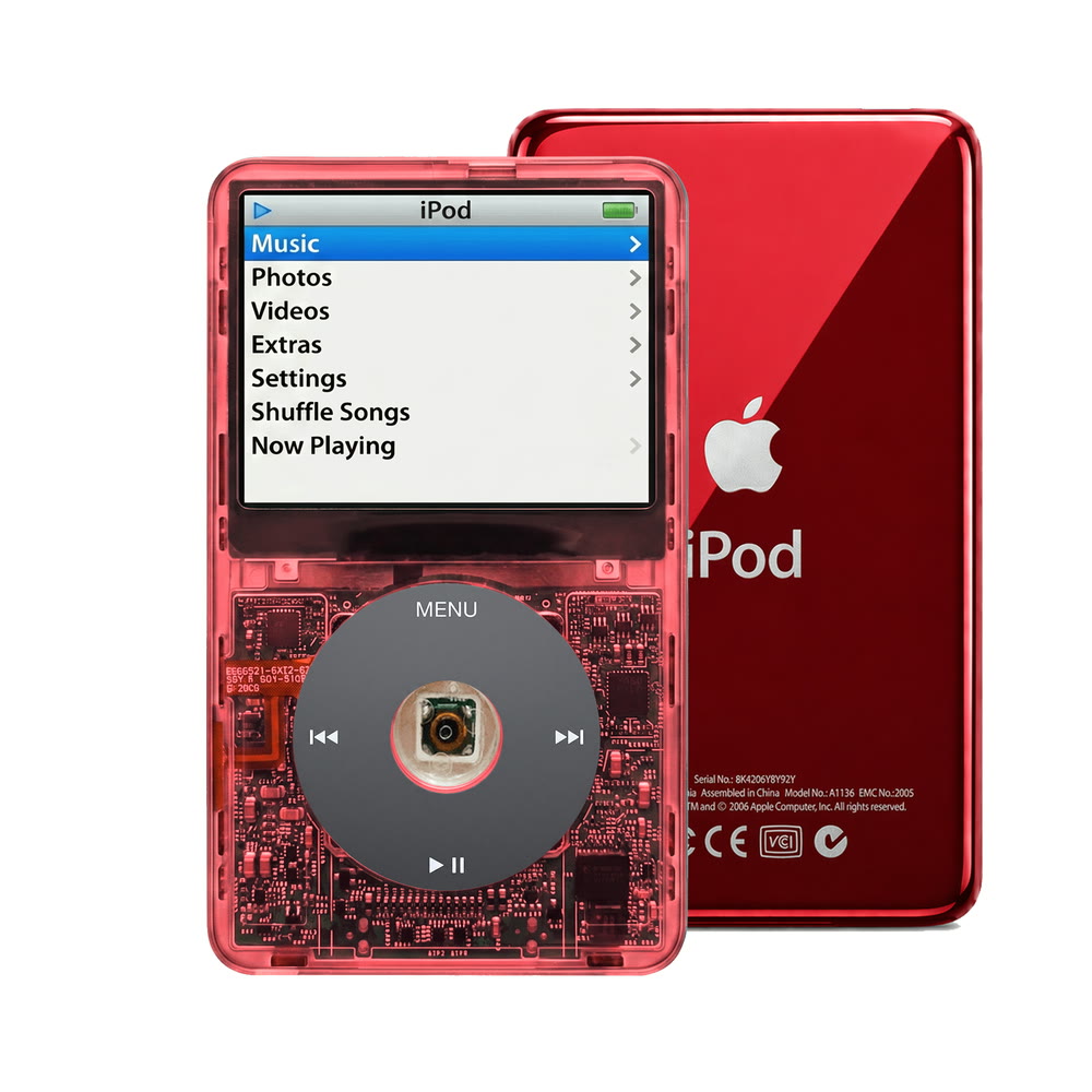 Clear Red refurbished iPod Video 5.5 Gen with Black click wheel and Red back plate