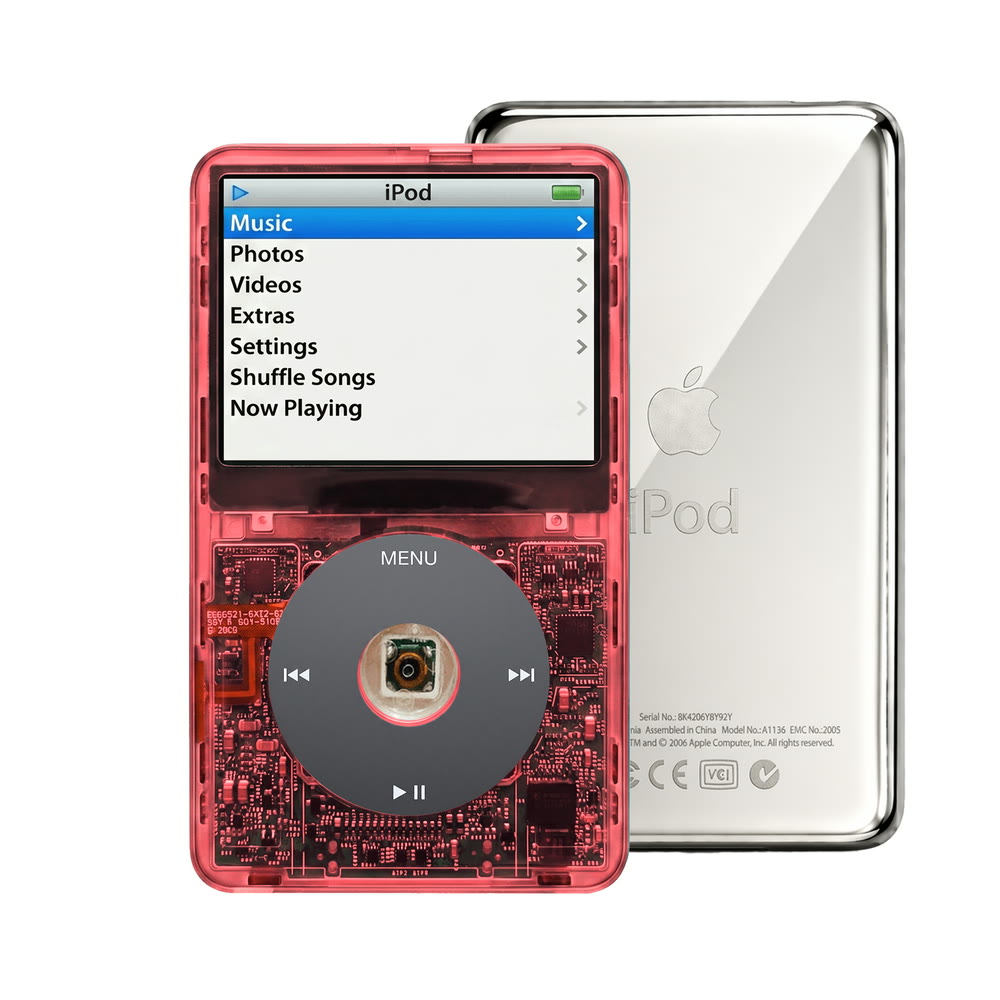 Clear Red refurbished iPod Video 5.5 Gen with Black click wheel and Silver back plate