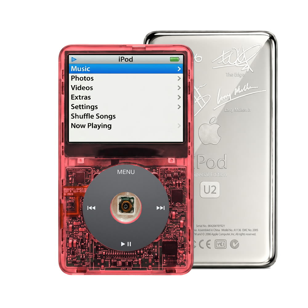 Clear Red refurbished iPod Video 5.5 Gen with Black click wheel and Silver U2 back plate