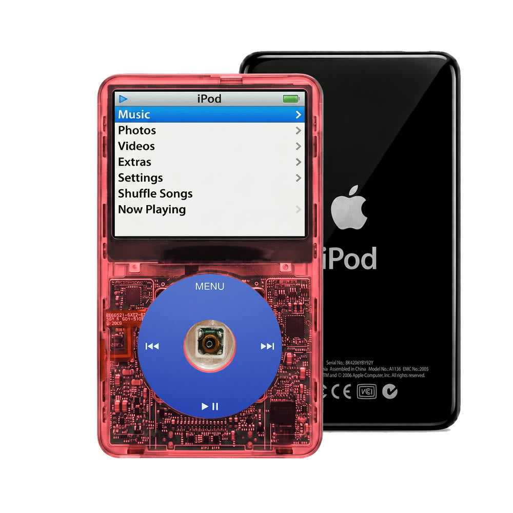 Clear Red refurbished iPod Video 5.5 Gen with Blue click wheel and Black back plate