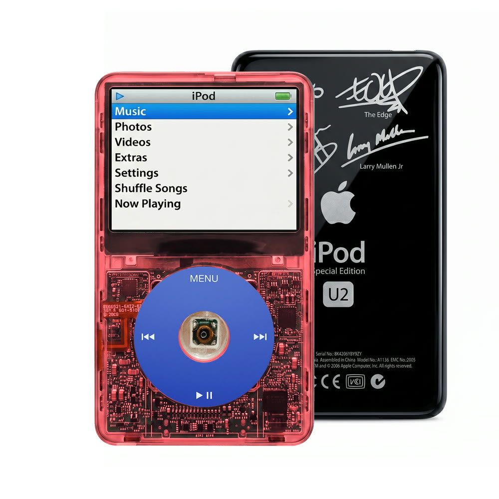 Clear Red refurbished iPod Video 5.5 Gen with Blue click wheel and Black U2 back plate