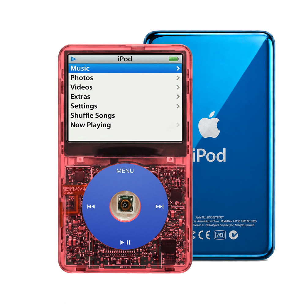 Clear Red refurbished iPod Video 5.5 Gen with Blue click wheel and Blue back plate