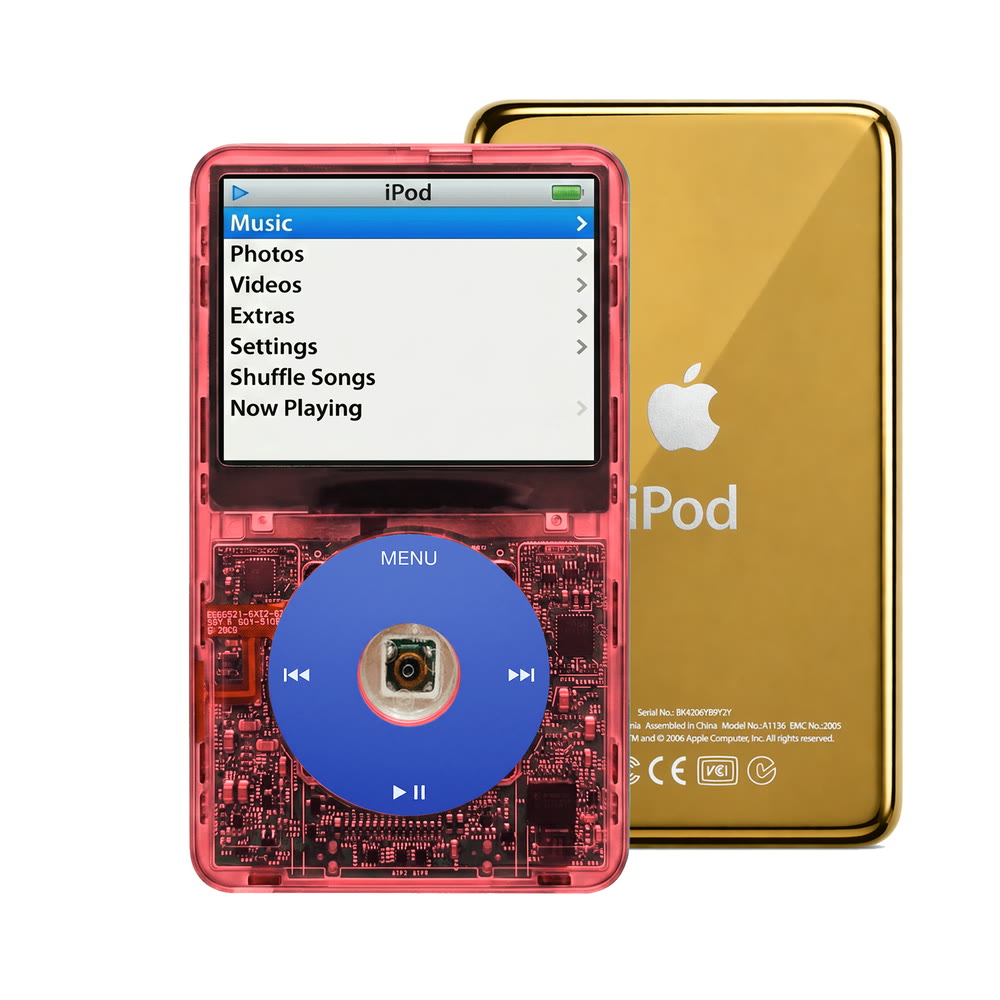 Clear Red refurbished iPod Video 5.5 Gen with Blue click wheel and Gold back plate