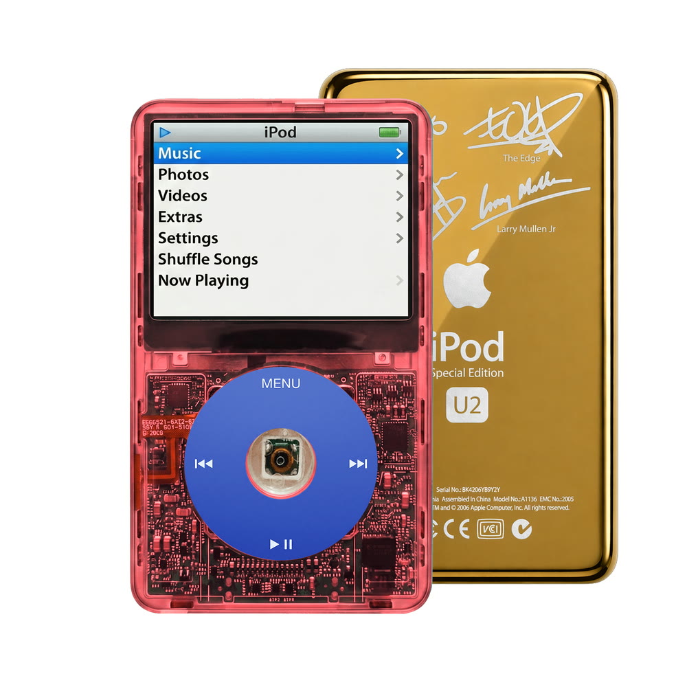 Clear Red refurbished iPod Video 5.5 Gen with Blue click wheel and Gold U2 back plate