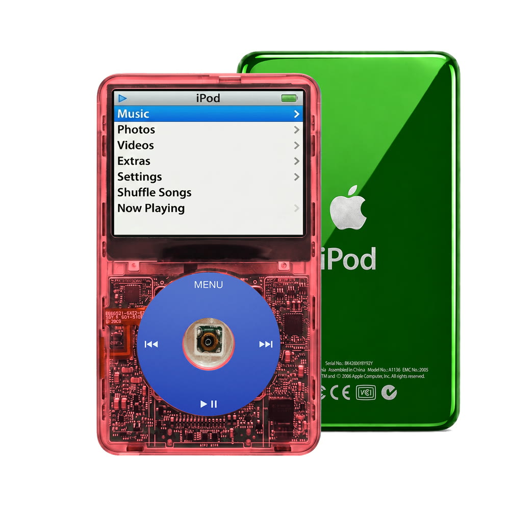 Clear Red refurbished iPod Video 5.5 Gen with Blue click wheel and Green back plate
