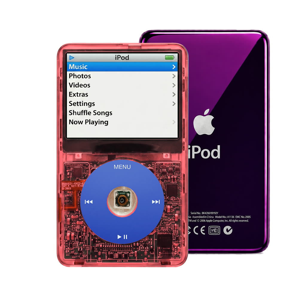 Clear Red refurbished iPod Video 5.5 Gen with Blue click wheel and Purple back plate