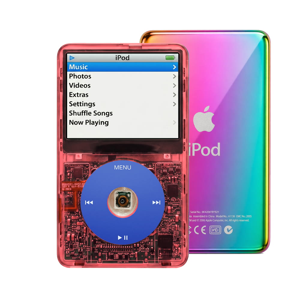 Clear Red refurbished iPod Video 5.5 Gen with Blue click wheel and Rainbow back plate