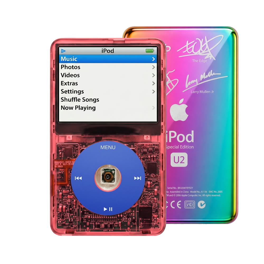 Clear Red refurbished iPod Video 5.5 Gen with Blue click wheel and Rainbow U2 back plate