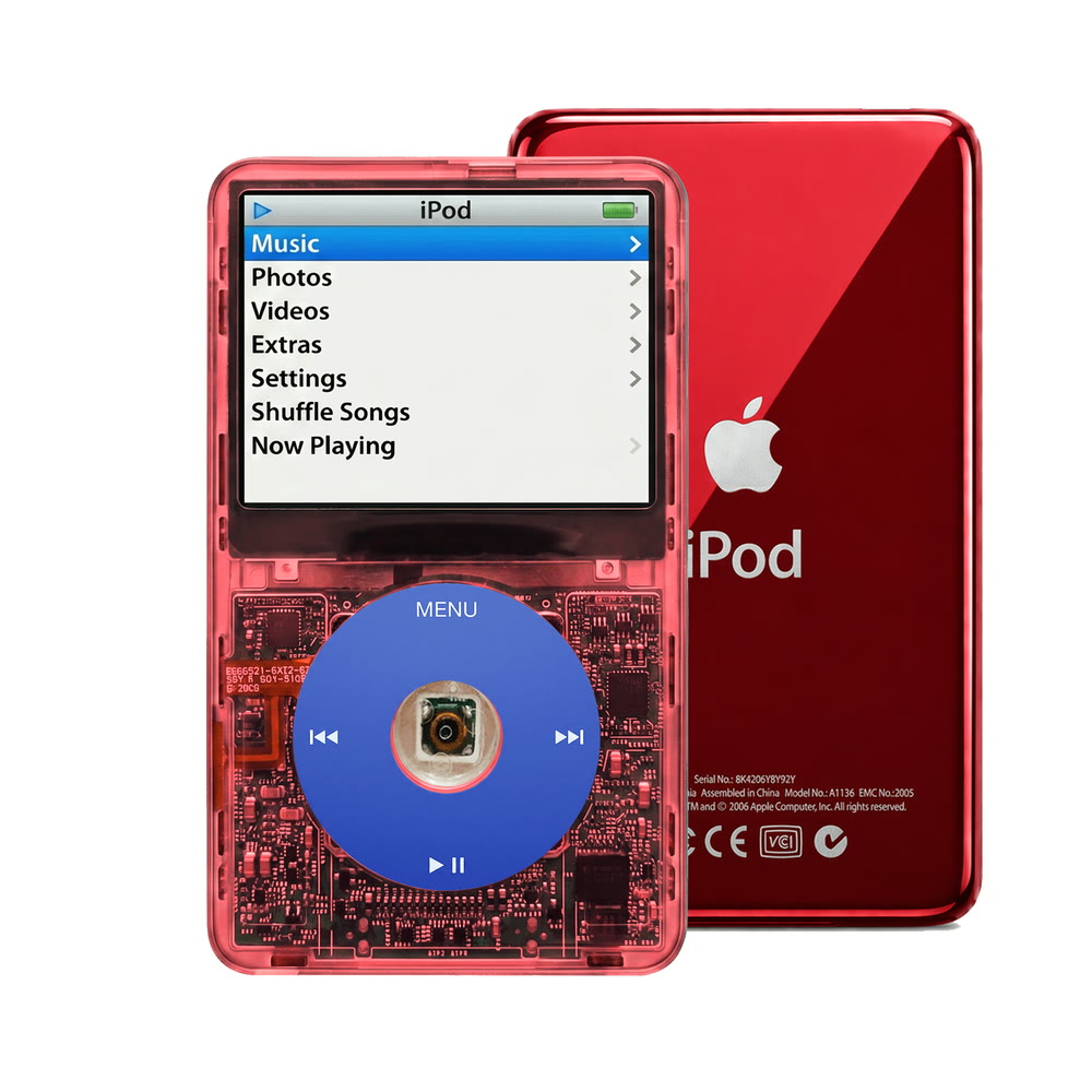 Clear Red refurbished iPod Video 5.5 Gen with Blue click wheel and Red back plate