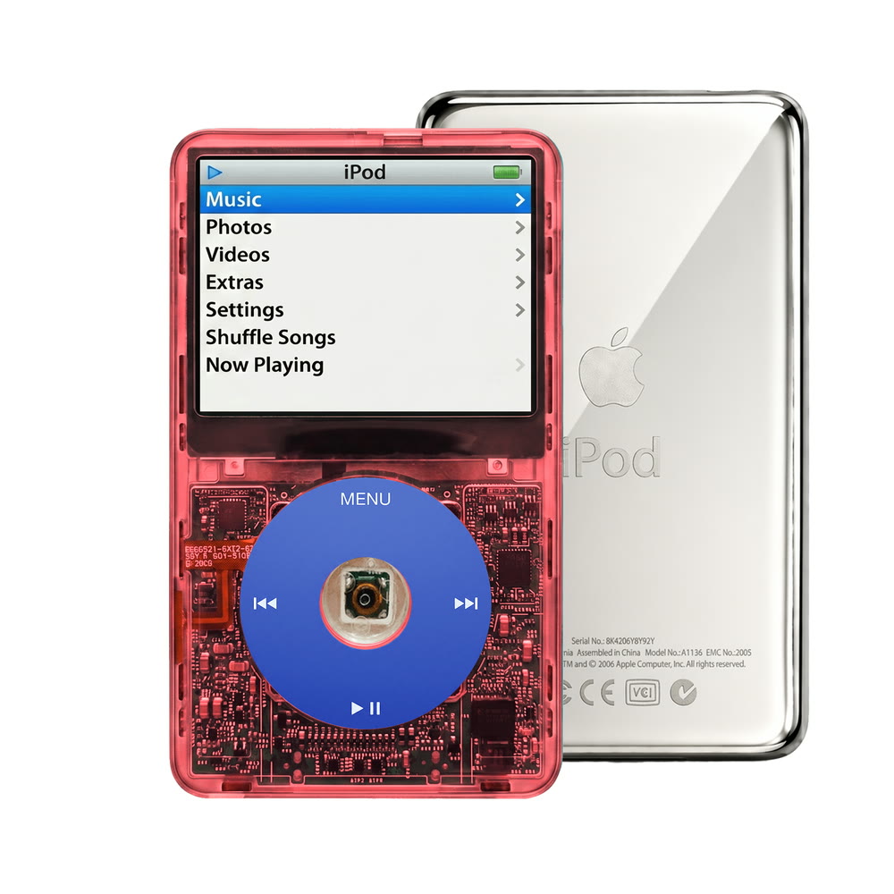 Clear Red refurbished iPod Video 5.5 Gen with Blue click wheel and Silver back plate