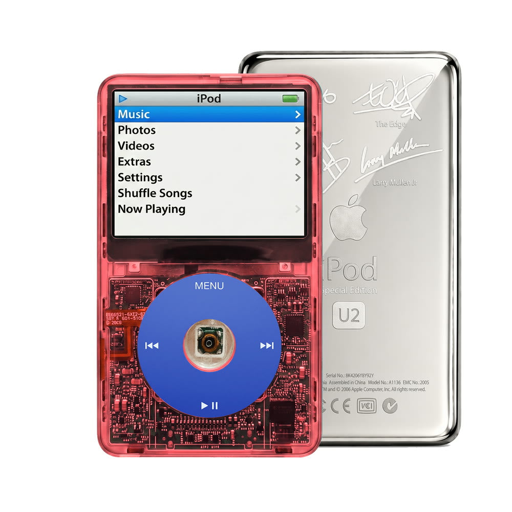 Clear Red refurbished iPod Video 5.5 Gen with Blue click wheel and Silver U2 back plate