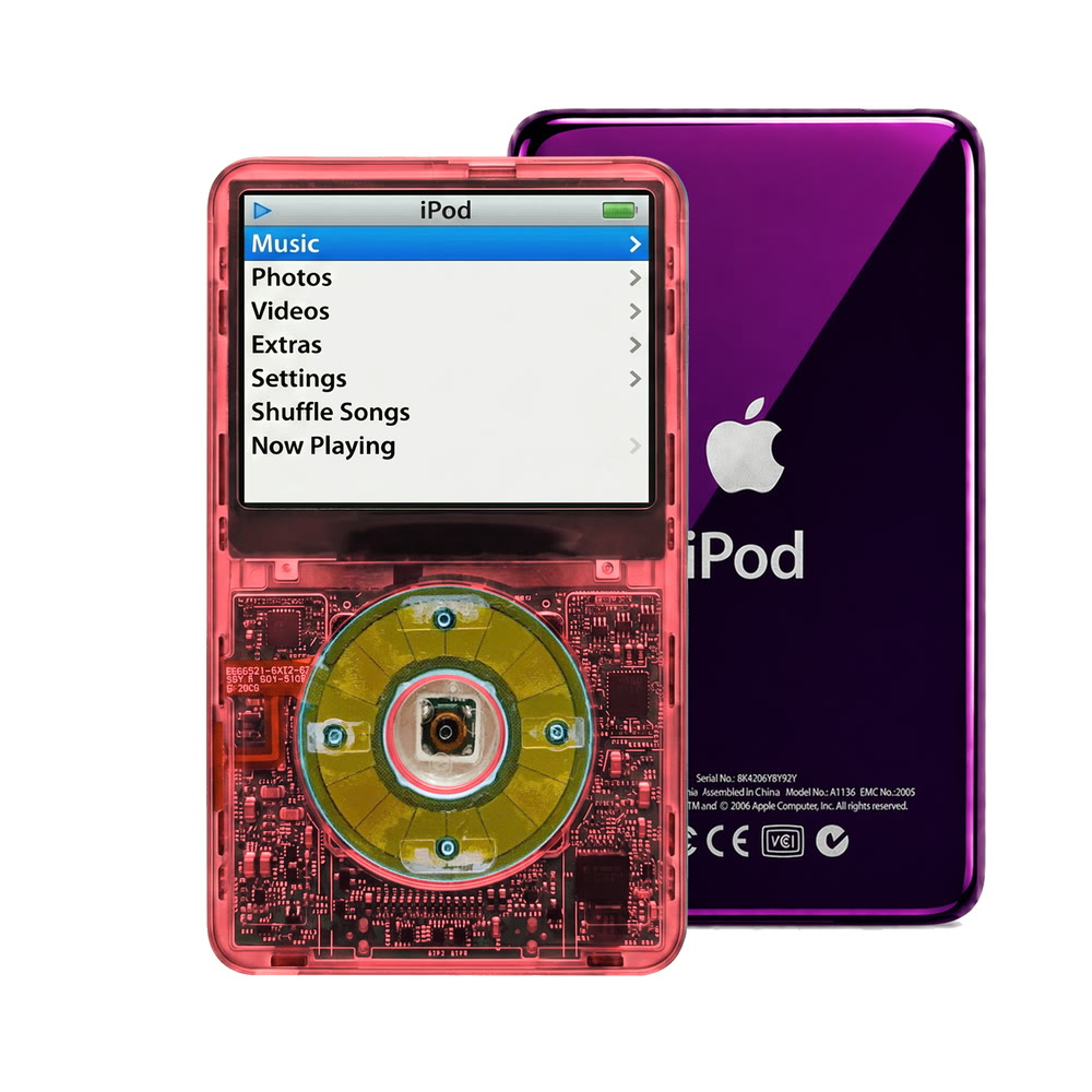 Clear Red refurbished iPod Video 5.5 Gen with Clear Blue click wheel and Purple back plate