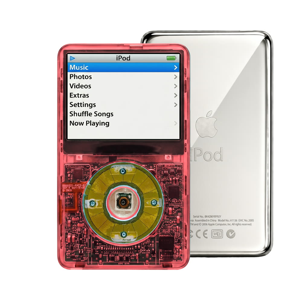 Clear Red refurbished iPod Video 5.5 Gen with Clear Blue click wheel and Silver back plate